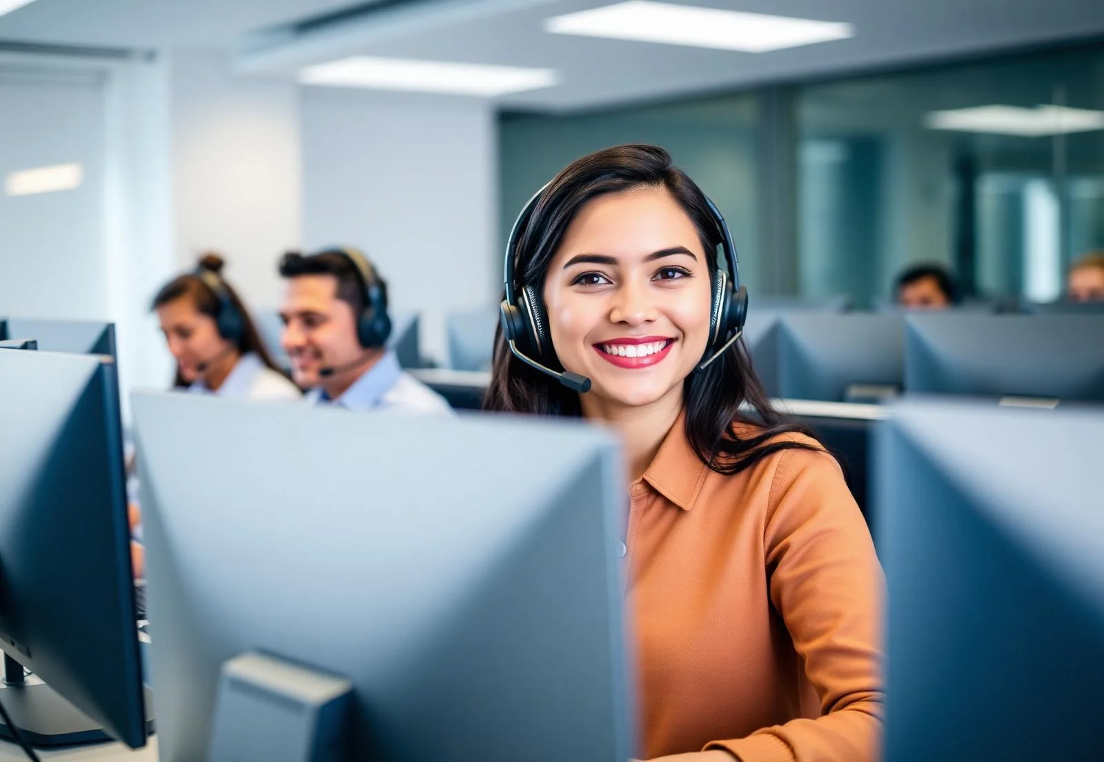 Cheerful bilingual call center agents working in cubicles in Buenos Aires, Argentina