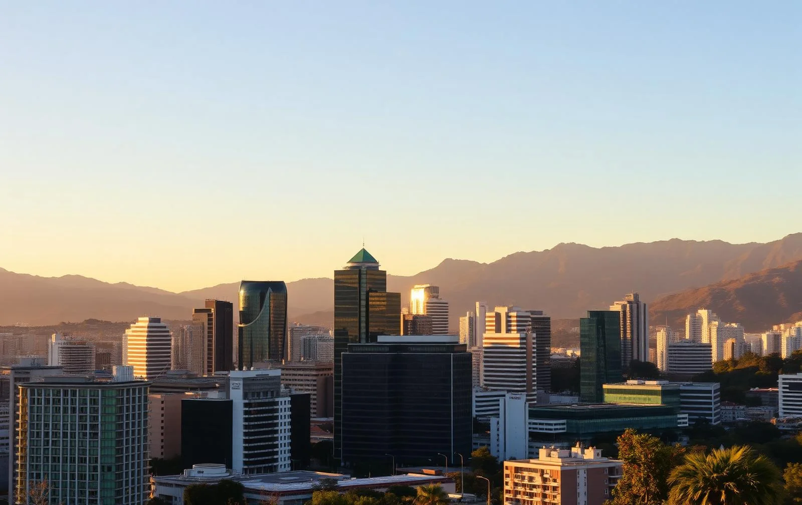 Modern Bogotá skyline at golden hour with the Andes in the background