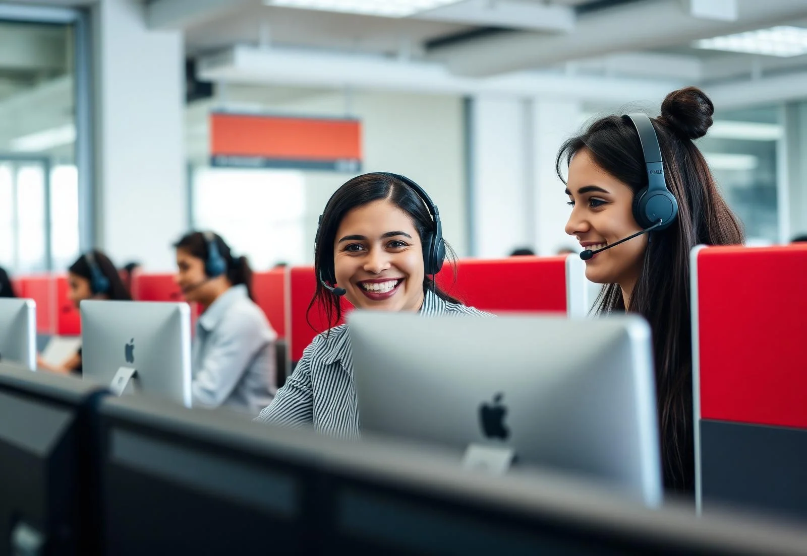 Cheerful bilingual call center agents working in cubicles in Bogotá, Colombia