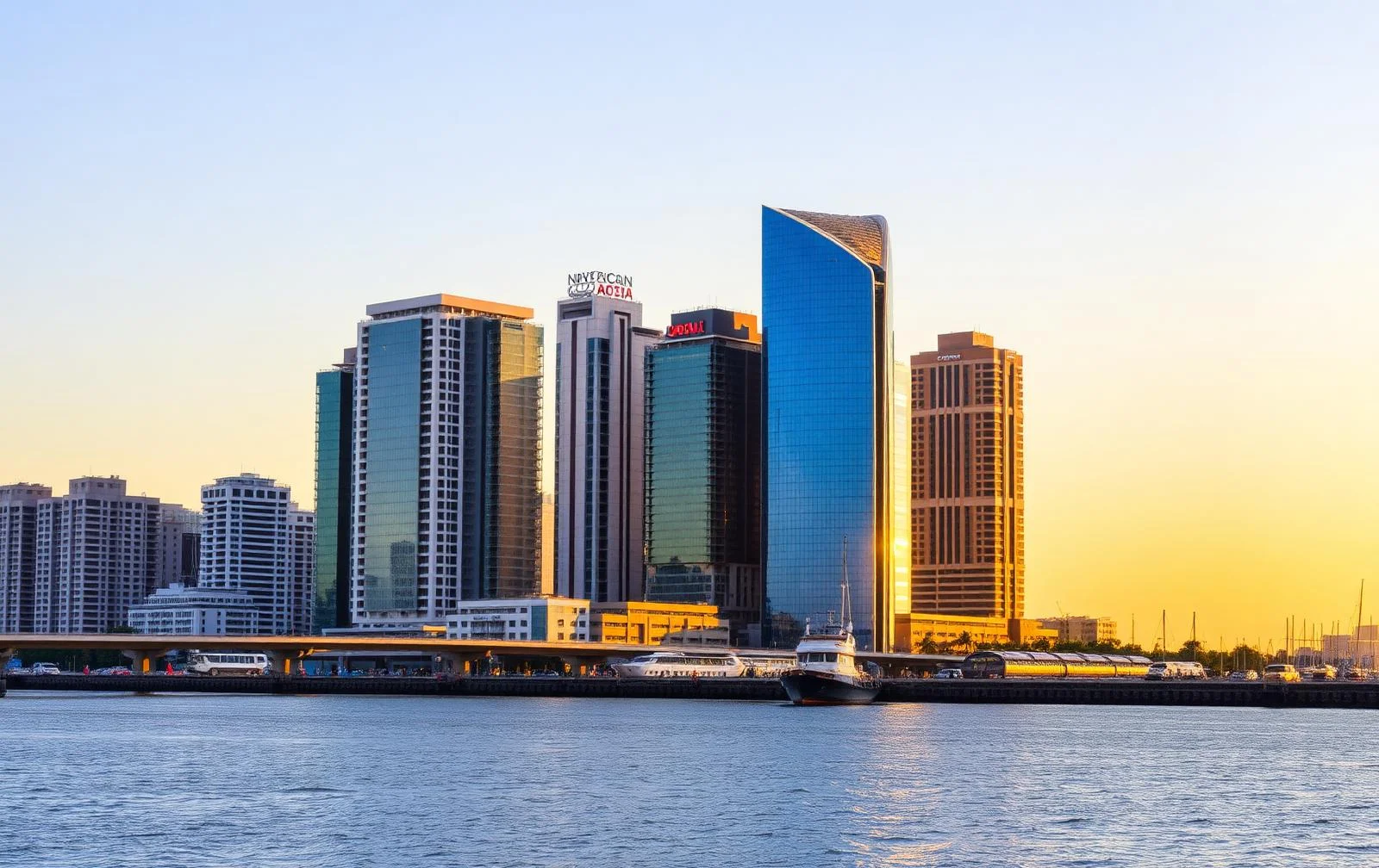 Modern Guayaquil waterfront skyline at golden hour