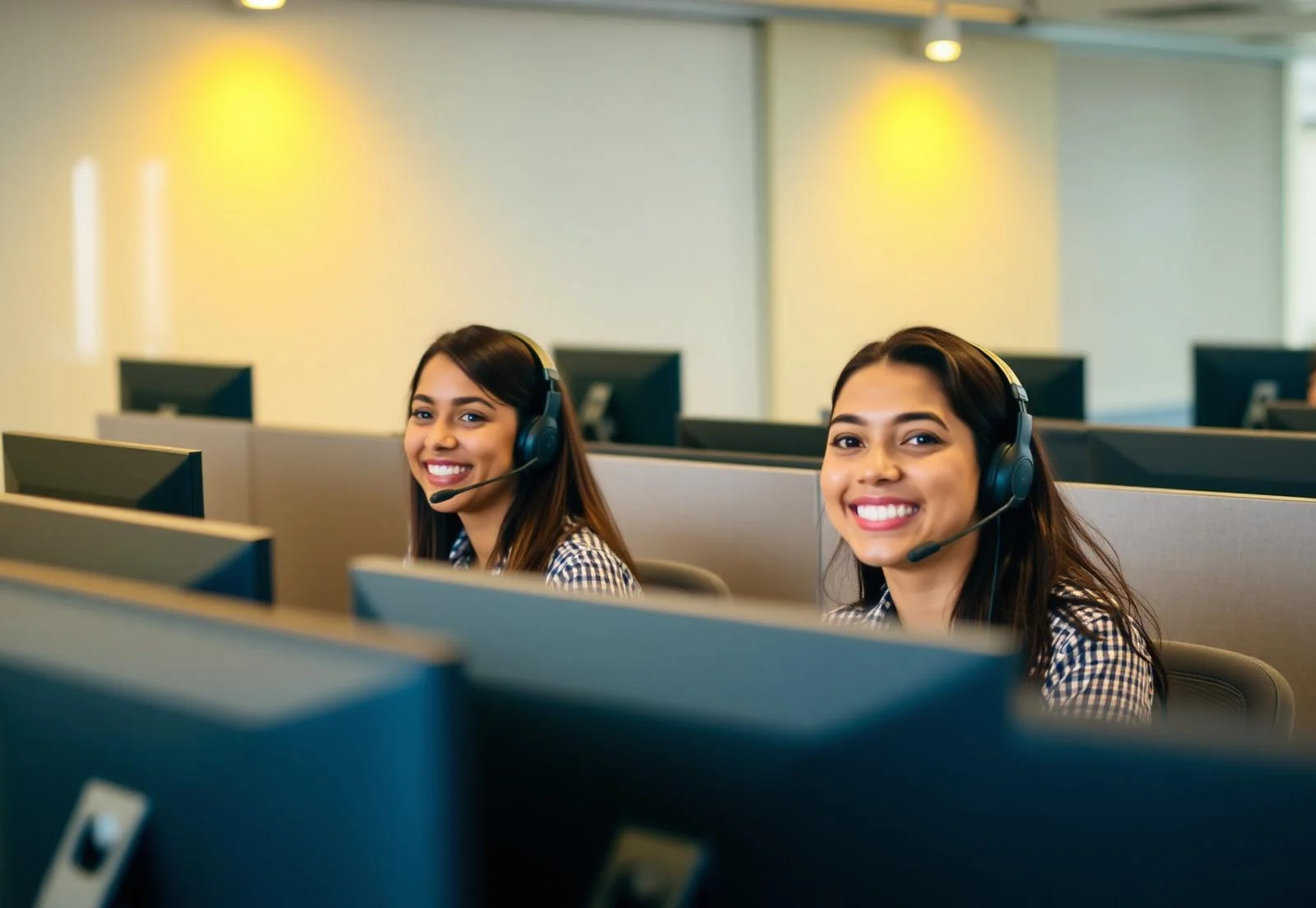 Cheerful bilingual call center agents working in cubicles in Quito, Ecuador