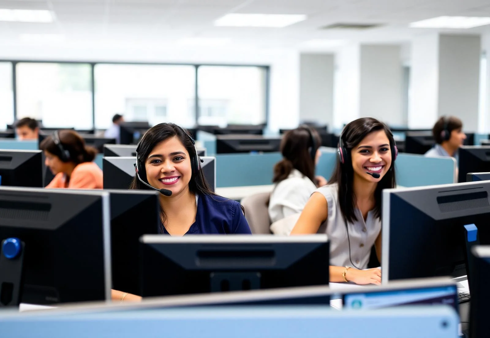 Cheerful bilingual call center agents working in cubicles in San Salvador, El Salvador