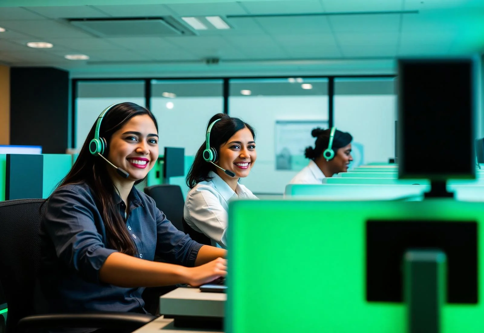 Cheerful bilingual call center agents working in cubicles in Mexico City, Mexico