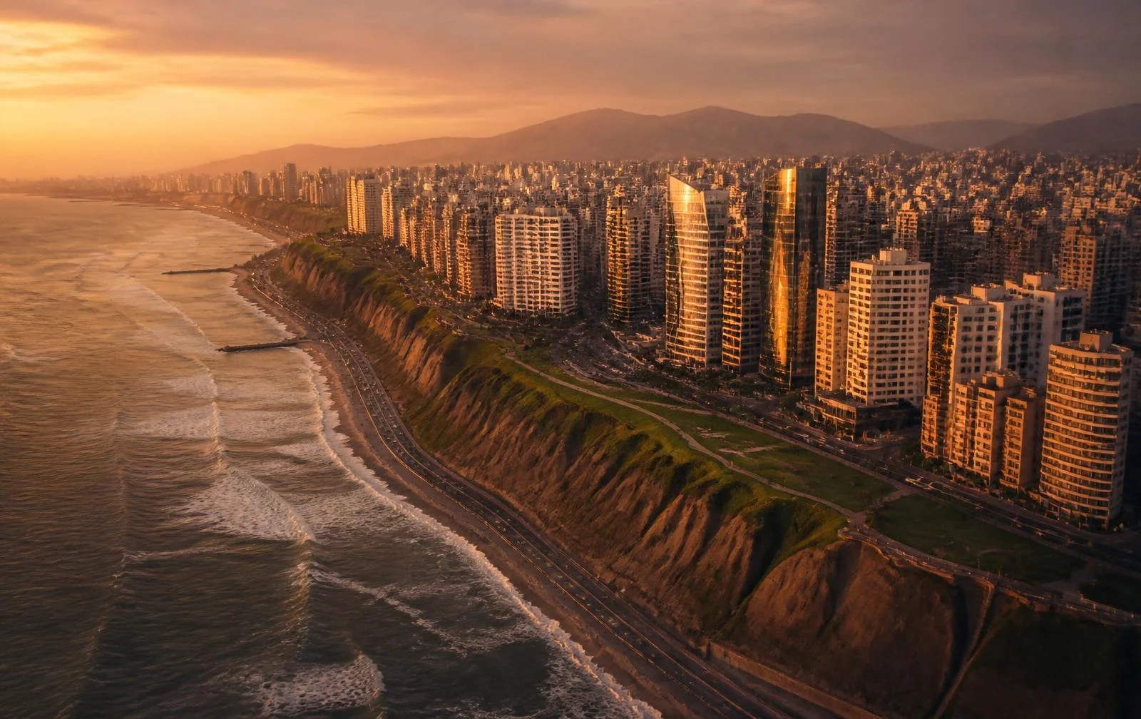 Modern Lima coastline in Peru at golden hour with contemporary towers